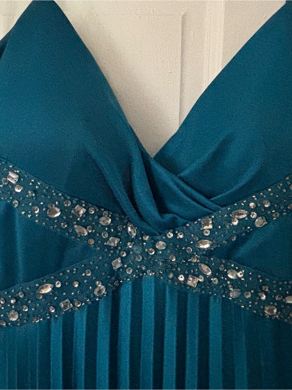 Masquerade Teal Pleated Evening Gown with Beaded Crisscross Waist Y2K vintage - Picture 3 of 6
